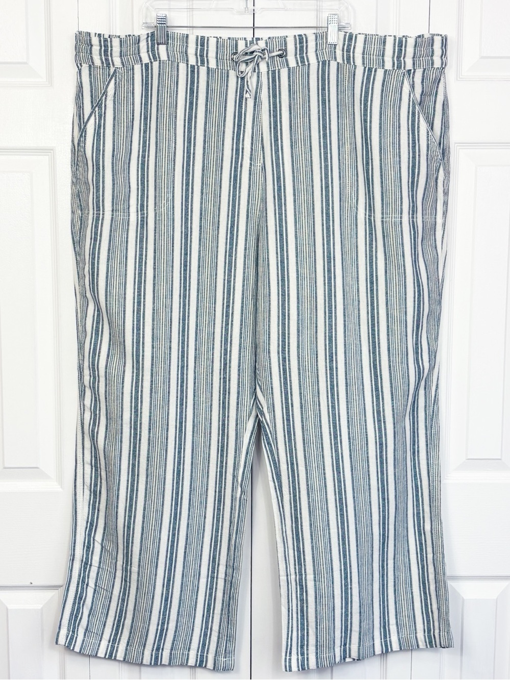 Denim & Co. Slate Blue White Cream Stripe Linen Blend Straight Leg Pants 3X